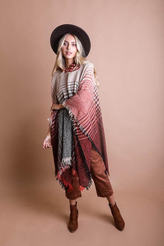 Herringbone Tweed Hooded Frayed Edge Poncho - Leo’s Look Your Best