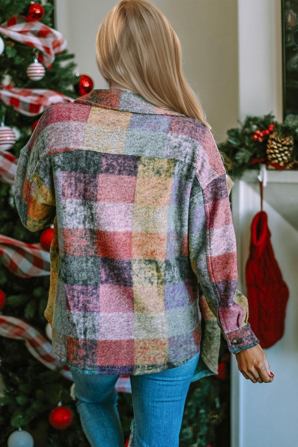 Double Take Full Size Button Up Plaid Fleece Shacket with Pockets - Leo’s Look Your Best