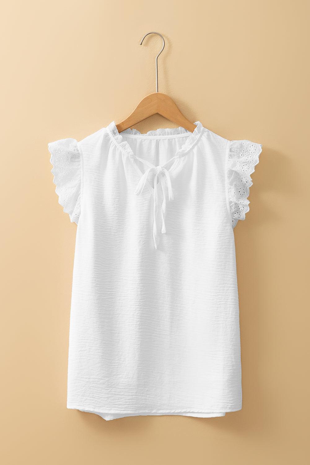 White Embroidered Ruffle Trim Crinkle Blouse - Leo’s Look Your Best 
