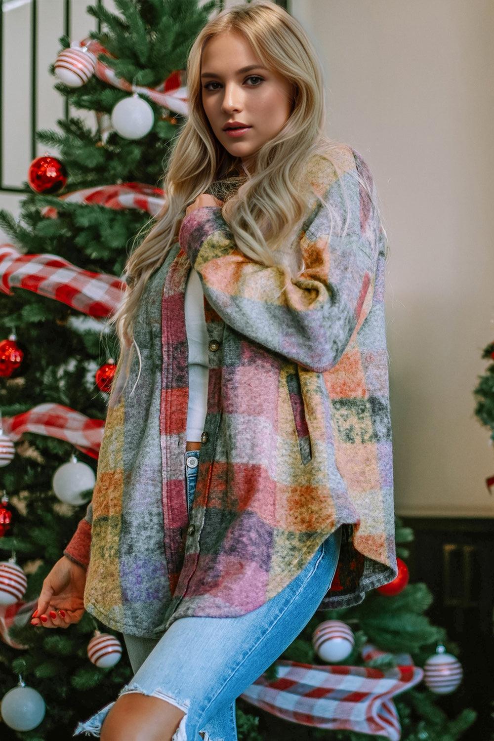 Double Take Full Size Button Up Plaid Fleece Shacket with Pockets - Leo’s Look Your Best