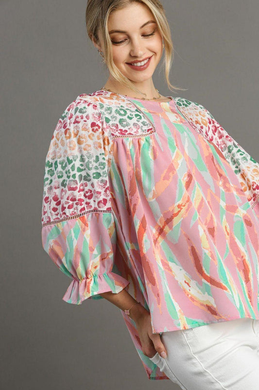 Umgee Full Size Mixed Print Lace Trim Top Plus Size - Leo’s Look Your Best