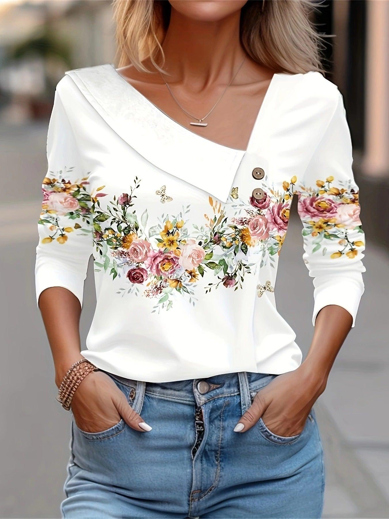 Diagonal Collar Color-blocking Flower Printing Long-t-shirt - Leo’s Look Your Best 