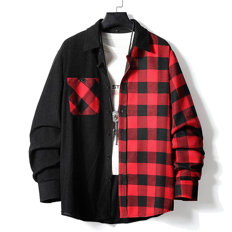 Fashion Casual Color-matching Plaid Shirt Autumn And Winter Corduroy Long-sleeved Lapel Shirt Loose Top Men's Clothing - Leo’s Look Your Best 