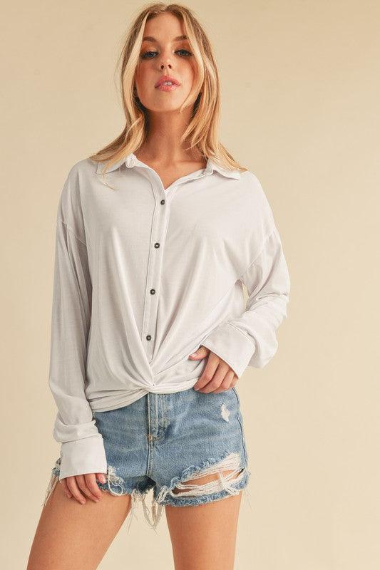 Aemi + Co Twisted Hemline Button Detail Collared Neck Top - Leo’s Look Your Best