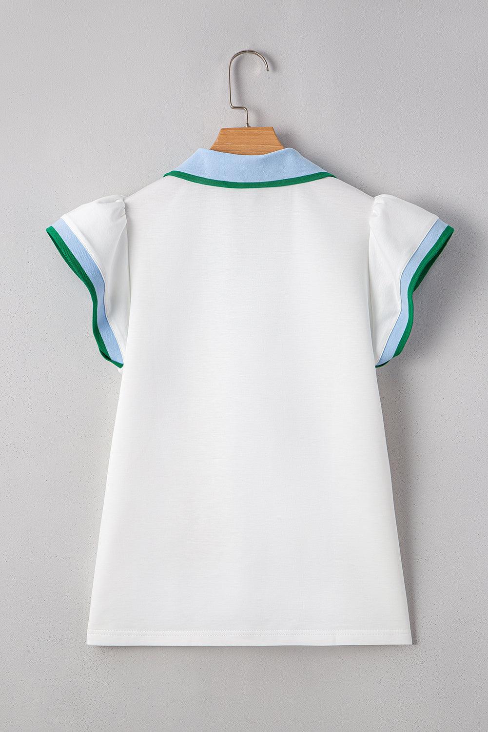 White Pop of Color Collared V Neck Ruffle Sleeve Blouse - Leo’s Look Your Best 