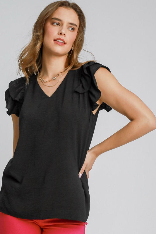 Umgee Full Size V-Neck Double Layered Ruffle Sleeve Blouse Plus Size - Leo’s Look Your Best