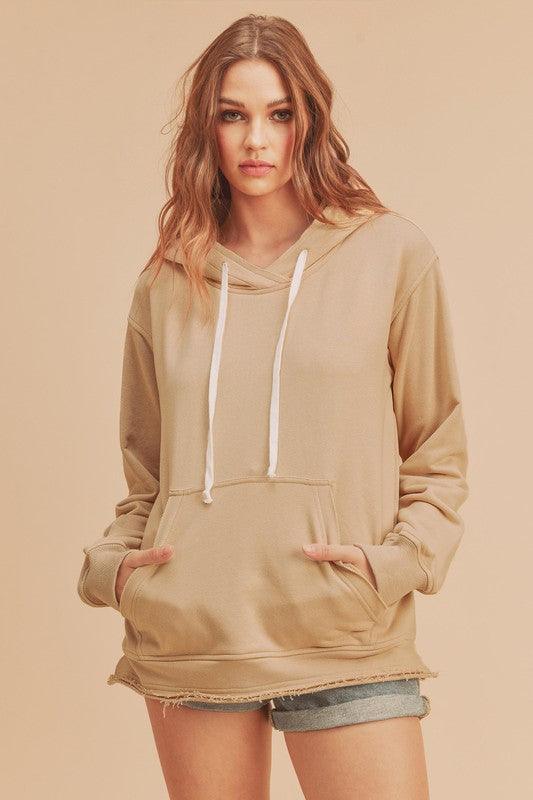 Aemi + Co Raw Hem Kangaroo Pocketed Drawstring Hoodie - Leo’s Look Your Best