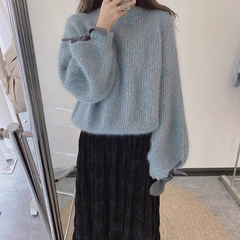 Lazy Fashion Bow Lantern Sleeve Mink-like Knitwear