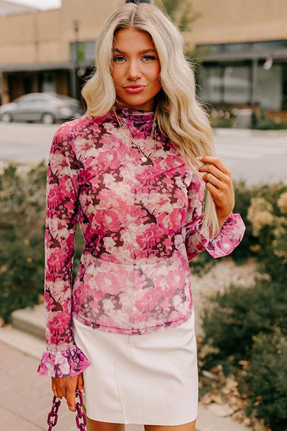 Rose Allover Floral Print Mesh Top - Leo’s Look Your Best 
