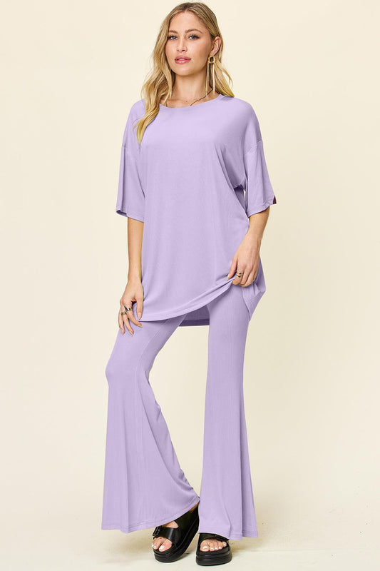 Double Take Full Size Round Neck Drop Shoulder T-Shirt and Flare Pants Set - Leo’s Look Your Best