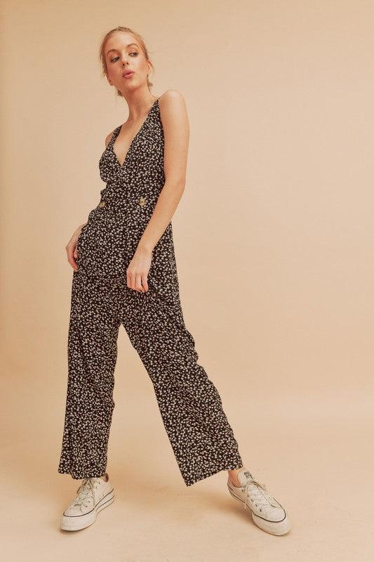 Aemi + Co Ditsy Floral Surplice Sleeveless Wide Leg Jumpsuit - Leo’s Look Your Best
