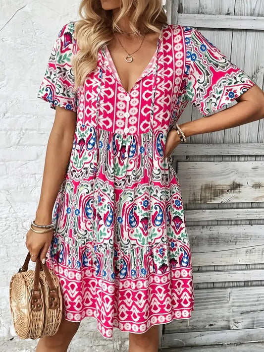 Woman wearing a colorful patterned dress against a wooden background