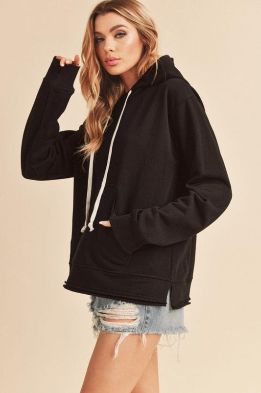 Aemi + Co Raw Hem Kangaroo Pocketed Drawstring Hoodie - Leo’s Look Your Best