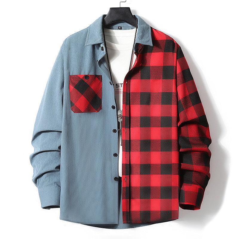 Fashion Casual Color-matching Plaid Shirt Autumn And Winter Corduroy Long-sleeved Lapel Shirt Loose Top Men's Clothing - Leo’s Look Your Best 