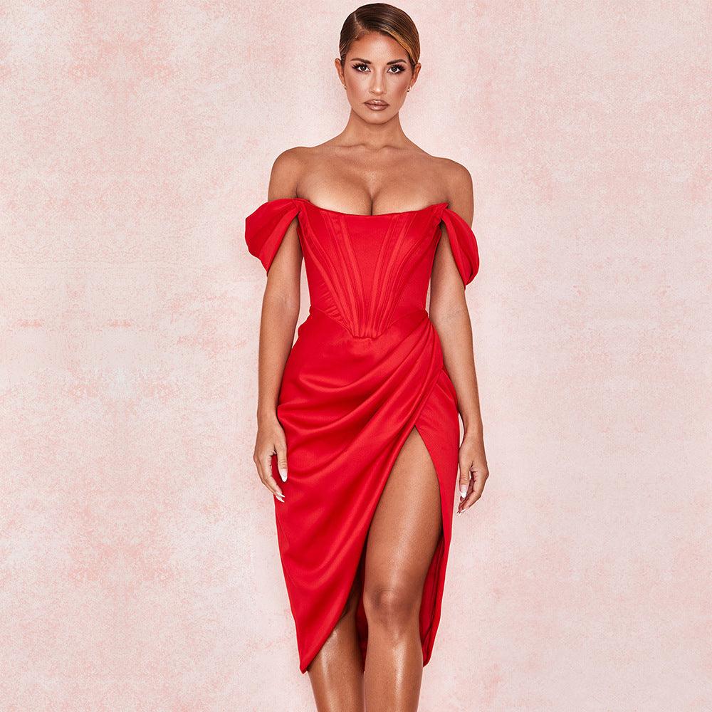 Temperament Split Fishbone Pattern Sexy Backless Off-shoulder Dress - Leo’s Look Your Best 