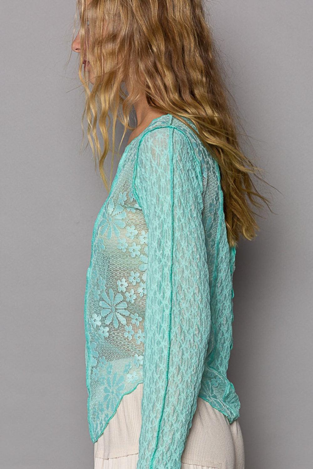 POL Exposed Seam Long Sleeve Lace Knit Top - Leo’s Look Your Best