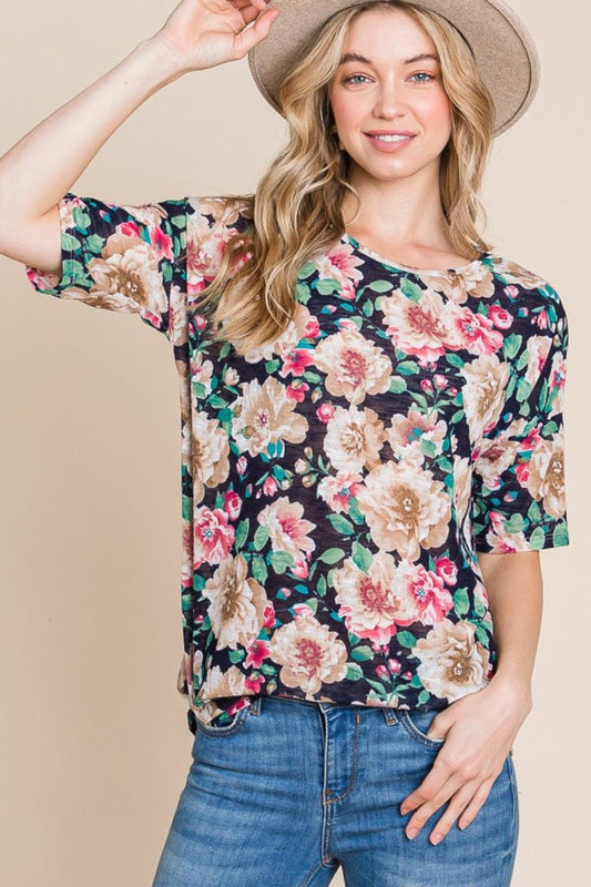 BOMBOM Floral Round Neck T-Shirt - Leo’s Look Your Best