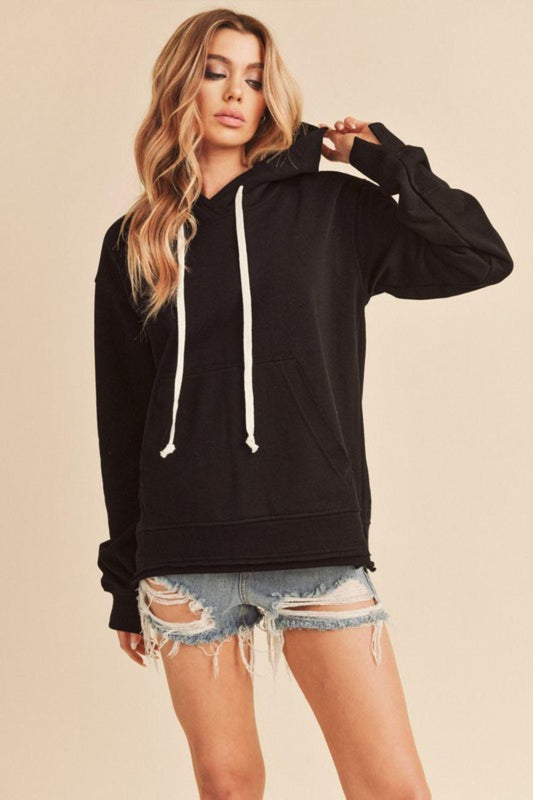 Aemi + Co Raw Hem Kangaroo Pocketed Drawstring Hoodie - Leo’s Look Your Best
