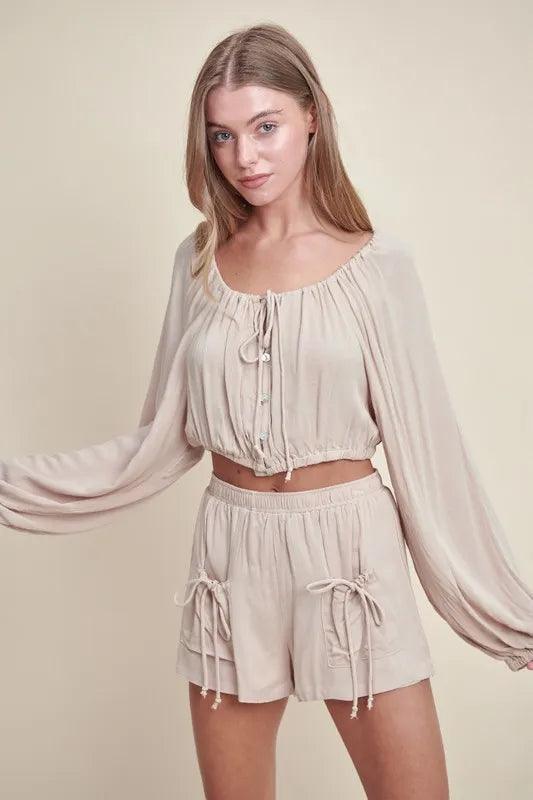 MABLE Gauze Long Sleeve Button Crop Top and Short Set - Leo’s Look Your Best