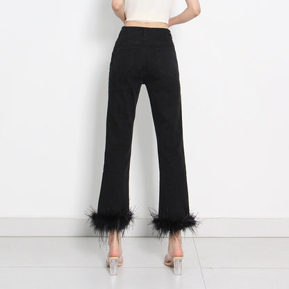 Simple Cropped Fashion Trousers Ostrich Feather Stitching Design For Women