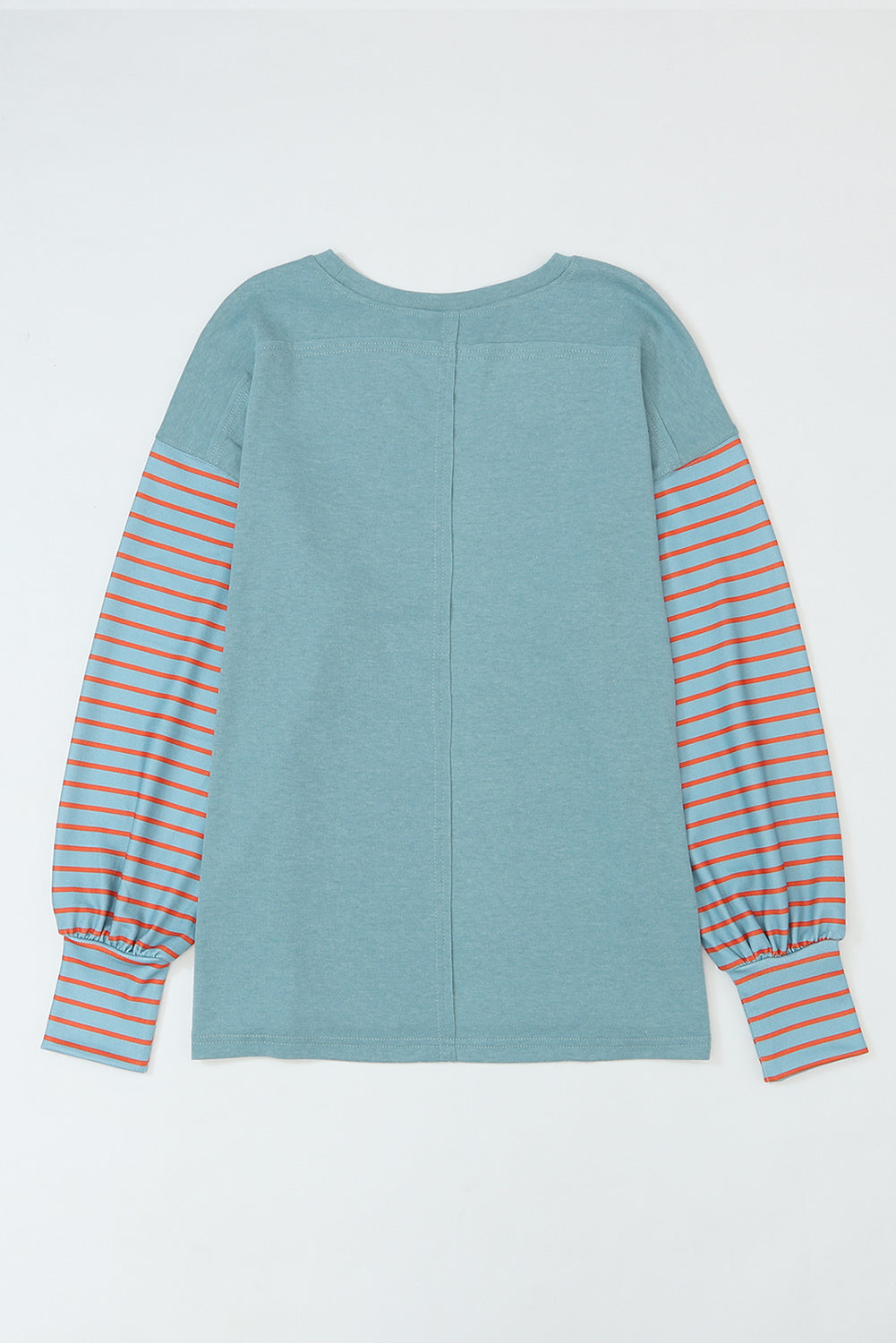 Teal sweater with striped sleeves on a white background