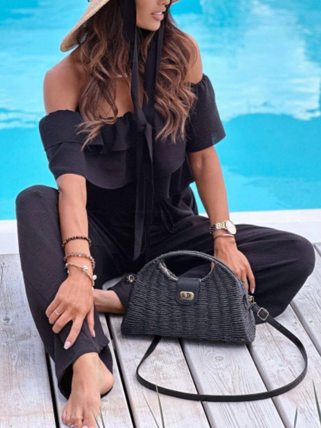 Ruffled Off Shoulder Wide Leg Jumpsuit - Leo’s Look Your Best