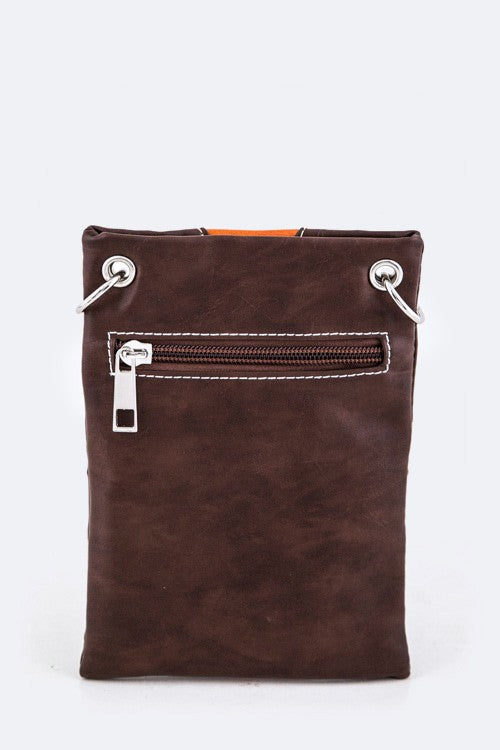 Brown leather pouch with silver zippers on a white background