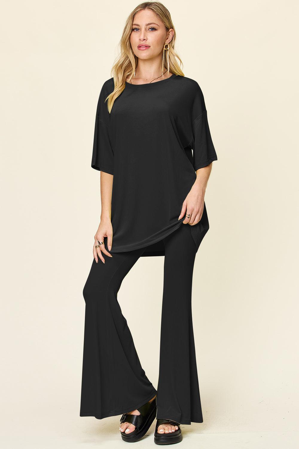 Double Take Full Size Round Neck Drop Shoulder T-Shirt and Flare Pants Set - Leo’s Look Your Best