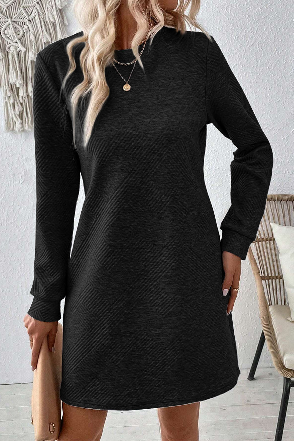 Round Neck Long Sleeve Mini Dress