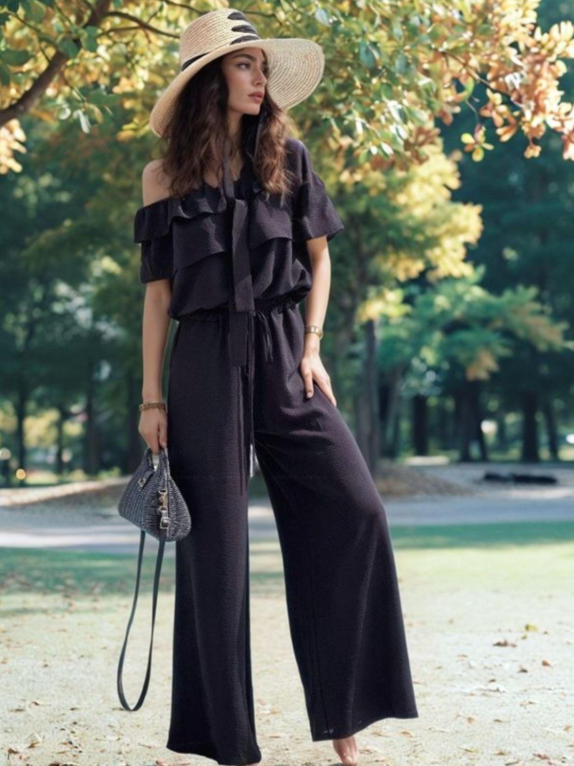 Ruffled Off Shoulder Wide Leg Jumpsuit - Leo’s Look Your Best
