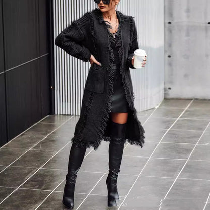 Lapel Tassel Long Knitted Coat