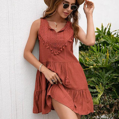 Fashion Women Summer Casual Tassels High Waist Sleeveless Short Mini Dress Vestido de Mujer Solid Dresses платья для женщин