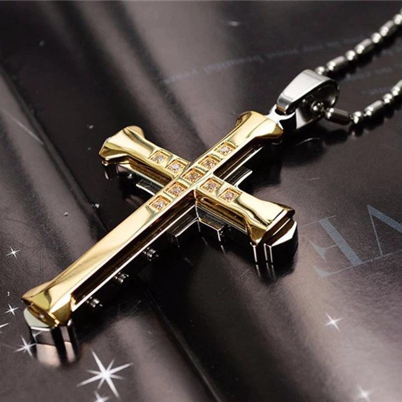 New Fashion Cross Necklace for Men Jesus Crystal Cross Pendant Necklace Black Silver Color Stainless Steel Necklace Jewelry - Leo’s Look Your Best 