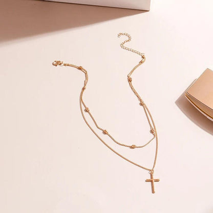 Romantic Cross Pendants Necklace for Women Gold Silver Color Multilayered Oval Beads Chain Necklace Minimalism Female Jewelry - Leo’s Look Your Best 