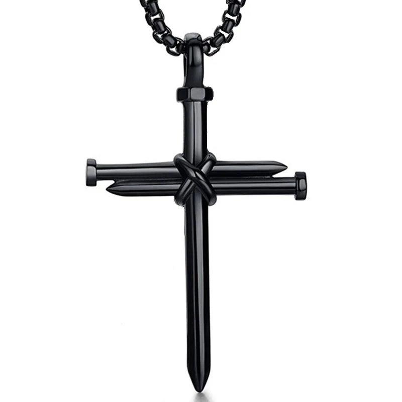 New Fashion Cross Necklace for Men Jesus Crystal Cross Pendant Necklace Black Silver Color Stainless Steel Necklace Jewelry - Leo’s Look Your Best 