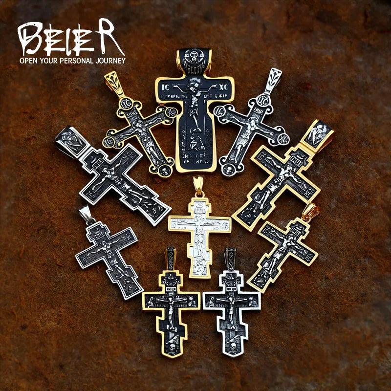 Men's Stainless Steel Crucifix Eastern Orthodox Pendant Chain Necklace Jewelry BP8-515 - Leo’s Look Your Best 