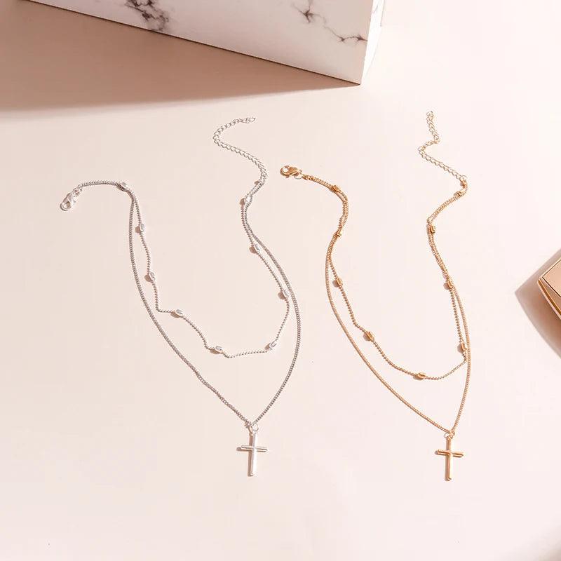 Romantic Cross Pendants Necklace for Women Gold Silver Color Multilayered Oval Beads Chain Necklace Minimalism Female Jewelry - Leo’s Look Your Best 