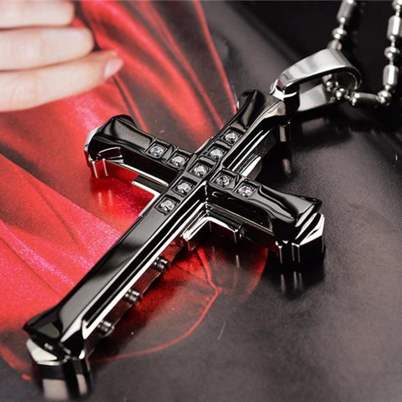 New Fashion Cross Necklace for Men Jesus Crystal Cross Pendant Necklace Black Silver Color Stainless Steel Necklace Jewelry - Leo’s Look Your Best 