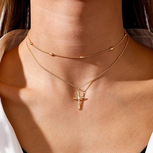 Romantic Cross Pendants Necklace for Women Gold Silver Color Multilayered Oval Beads Chain Necklace Minimalism Female Jewelry - Leo’s Look Your Best 