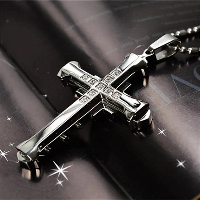 New Fashion Cross Necklace for Men Jesus Crystal Cross Pendant Necklace Black Silver Color Stainless Steel Necklace Jewelry - Leo’s Look Your Best 