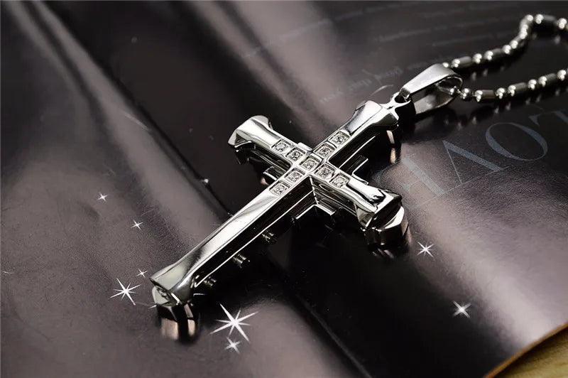 New Fashion Cross Necklace for Men Jesus Crystal Cross Pendant Necklace Black Silver Color Stainless Steel Necklace Jewelry - Leo’s Look Your Best 