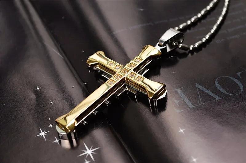 New Fashion Cross Necklace for Men Jesus Crystal Cross Pendant Necklace Black Silver Color Stainless Steel Necklace Jewelry - Leo’s Look Your Best 