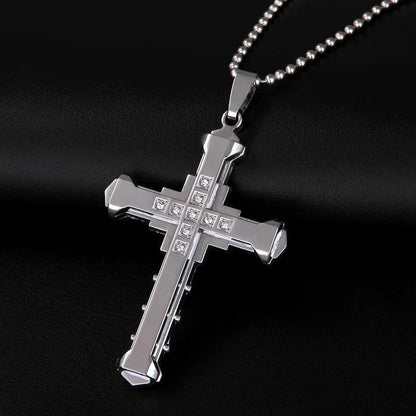 New Fashion Cross Necklace for Men Jesus Crystal Cross Pendant Necklace Black Silver Color Stainless Steel Necklace Jewelry - Leo’s Look Your Best 