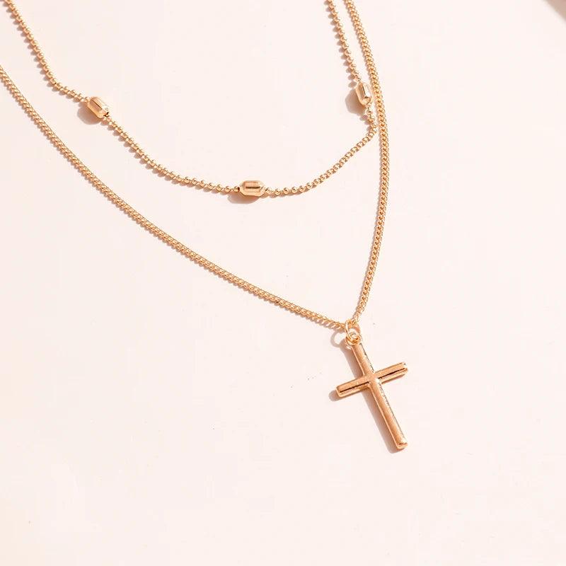 Romantic Cross Pendants Necklace for Women Gold Silver Color Multilayered Oval Beads Chain Necklace Minimalism Female Jewelry - Leo’s Look Your Best 