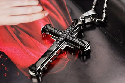 New Fashion Cross Necklace for Men Jesus Crystal Cross Pendant Necklace Black Silver Color Stainless Steel Necklace Jewelry - Leo’s Look Your Best 