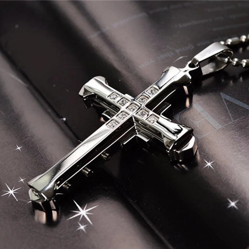 New Fashion Cross Necklace for Men Jesus Crystal Cross Pendant Necklace Black Silver Color Stainless Steel Necklace Jewelry - Leo’s Look Your Best 