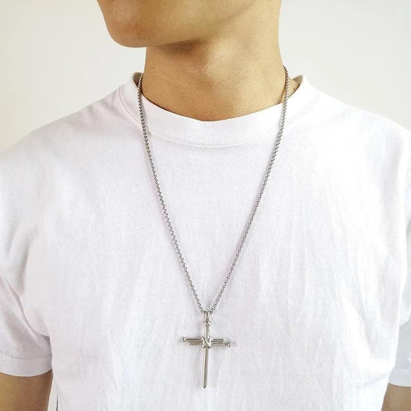 New Fashion Cross Necklace for Men Jesus Crystal Cross Pendant Necklace Black Silver Color Stainless Steel Necklace Jewelry - Leo’s Look Your Best 