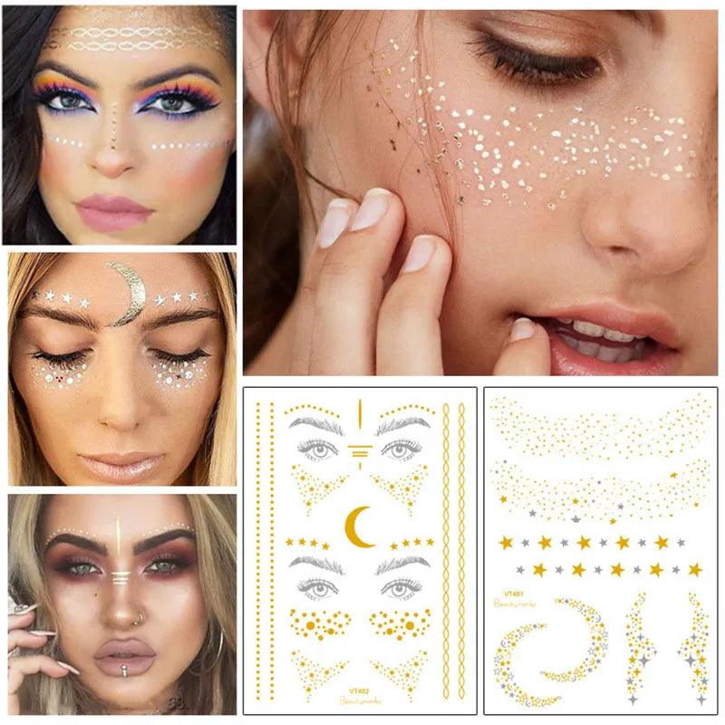 Glitter gold bronzing sticker for face makeup mixed size star moon shape gold silver instant Freckles temporary tattoo RA015 - Leo’s Look Your Best 