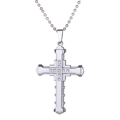 New Fashion Cross Necklace for Men Jesus Crystal Cross Pendant Necklace Black Silver Color Stainless Steel Necklace Jewelry - Leo’s Look Your Best 