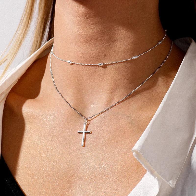 Romantic Cross Pendants Necklace for Women Gold Silver Color Multilayered Oval Beads Chain Necklace Minimalism Female Jewelry - Leo’s Look Your Best 